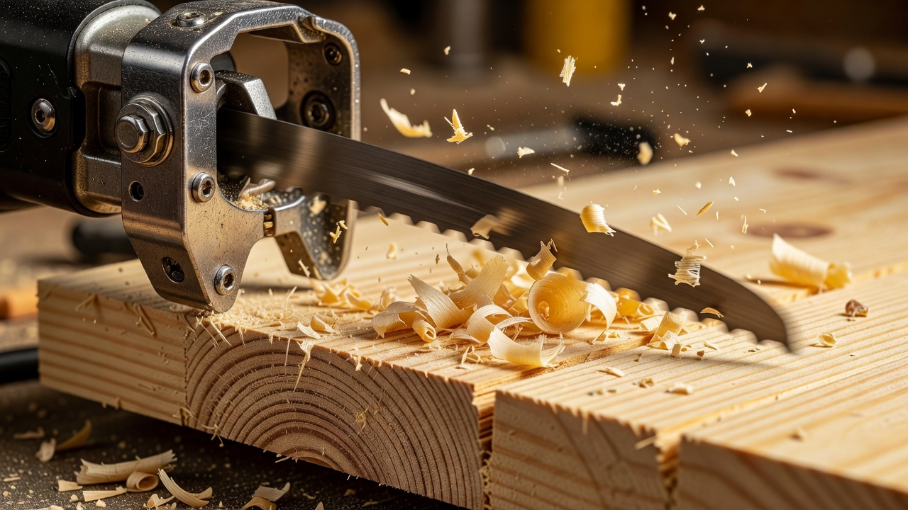 Close-up of a reciprocating saw blade in motion cutting through pine lumber with sawdust scattering