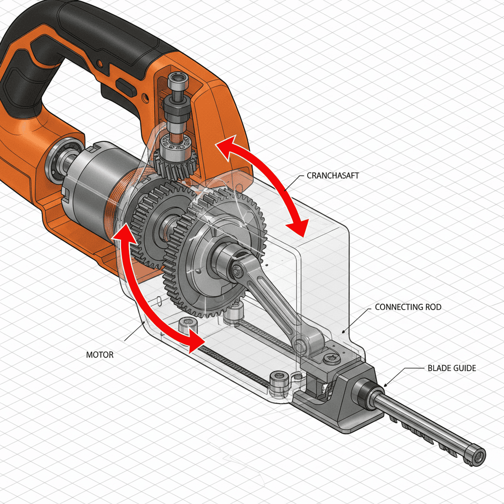 Internal mechanism of reciprocating saw showing motor-to-blade motion conversion