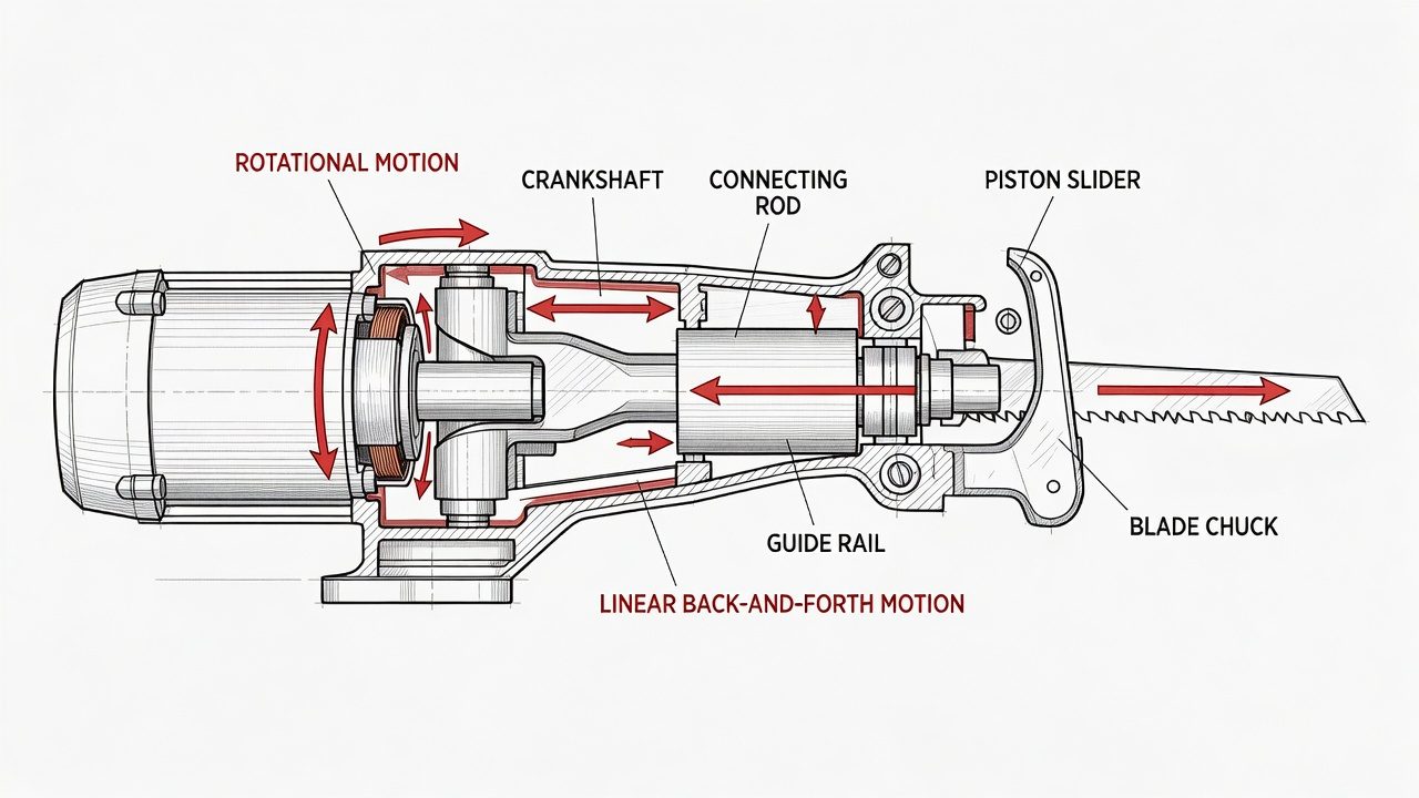 Internal mechanism diagram showing motor and piston converting rotational to linear motion