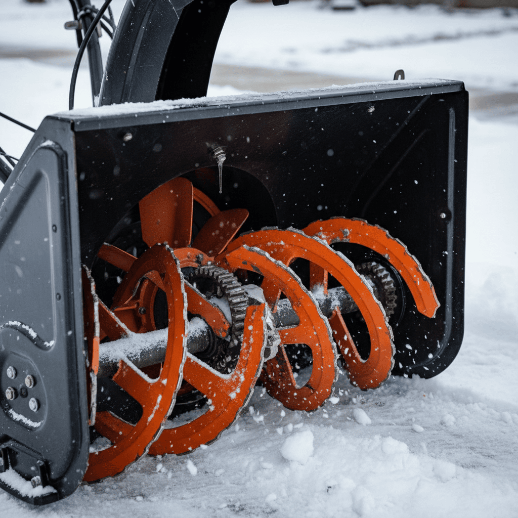 Close-up of a snow blower's rotating auger blades collecting snow.