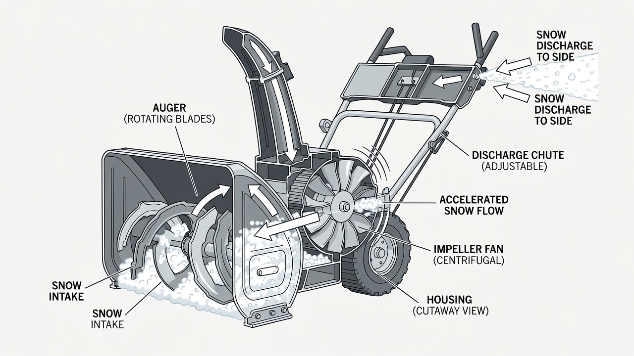 Internal mechanism of a snow blower showing auger, impeller, and discharge chute
