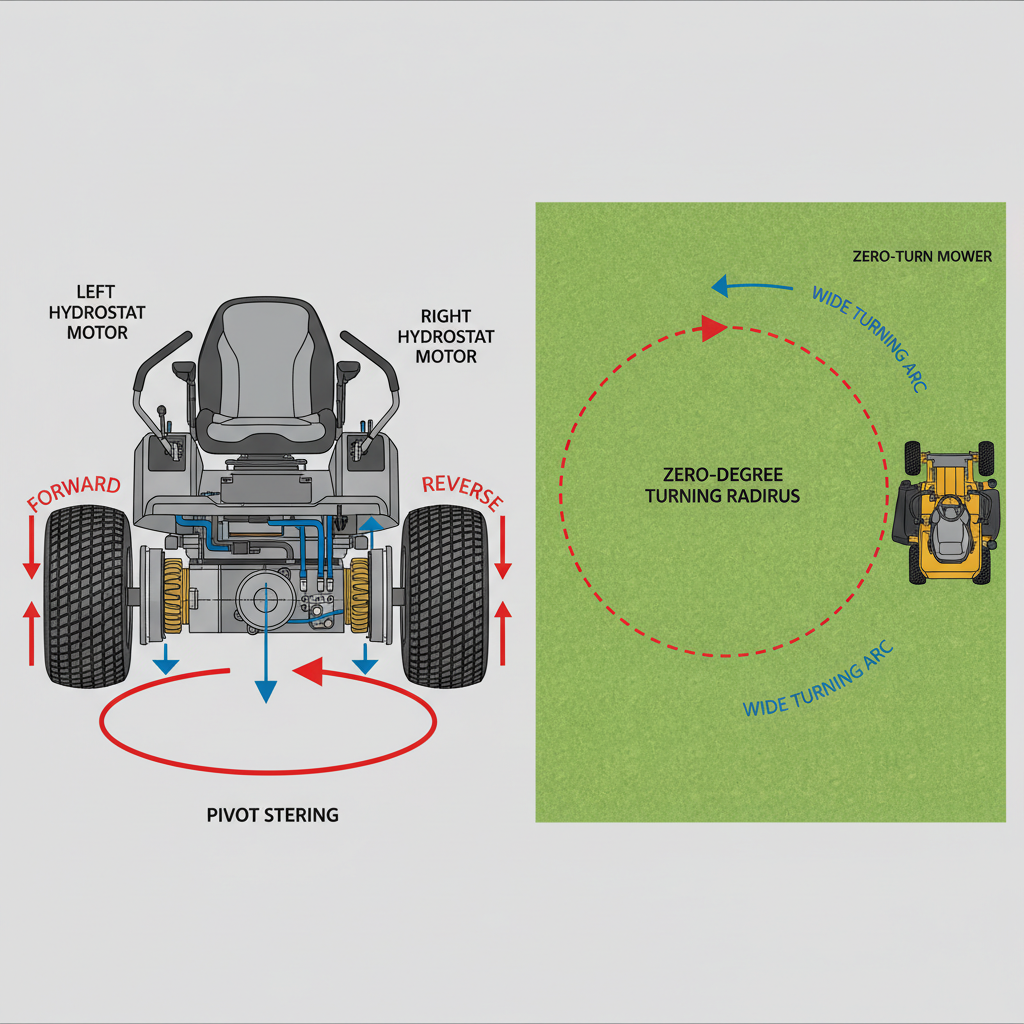 Understanding Zero-Turn Mower Basics Diagram comparing zero-turn mower pivot steering mechanics to traditional riding mower turning radius