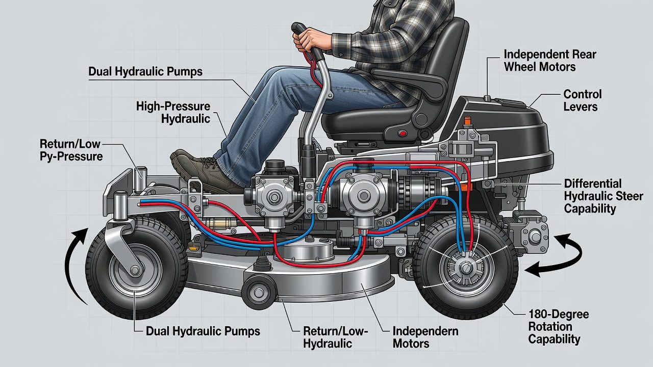 Understanding Zero-Turn Mowers: What Makes Them Different? Internal mechanical diagram of zero-turn mower showing dual hydraulic pumps and independent wheel motors