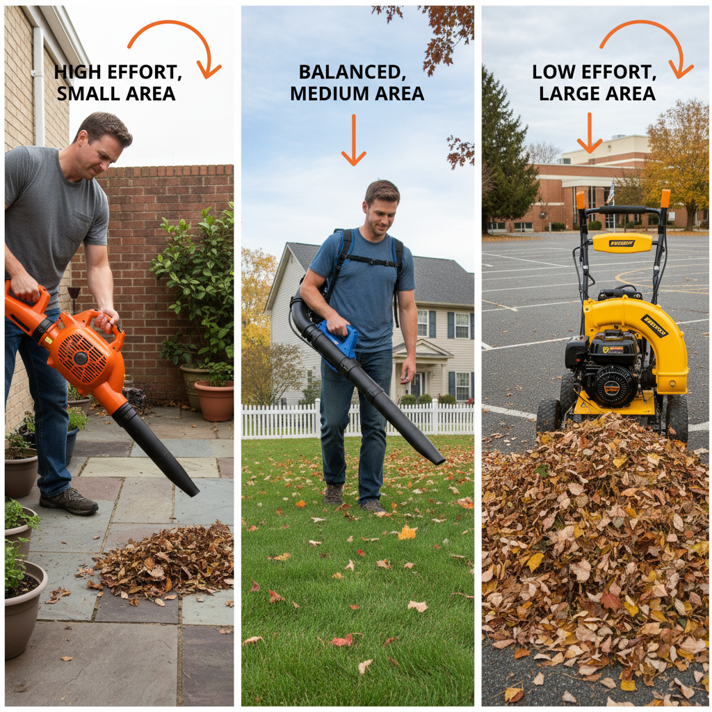Side-by-side comparison of handheld, backpack, and walk-behind blowers with different users and yard sizes