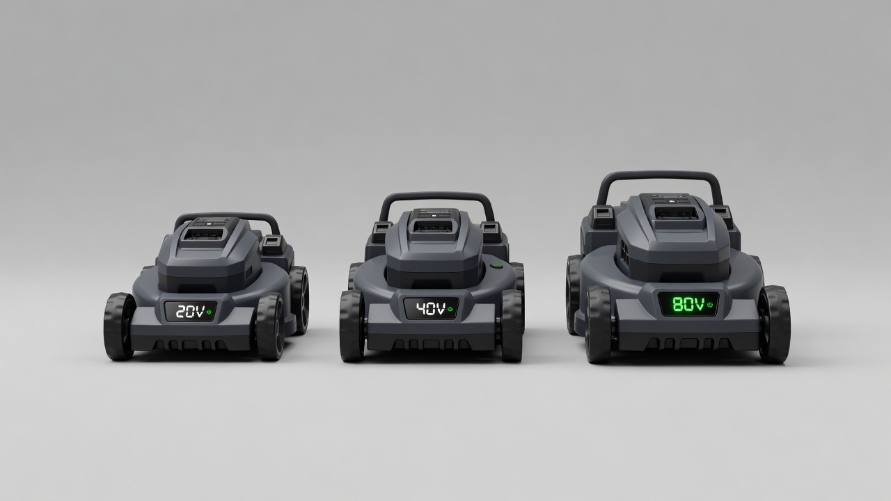 Three battery-operated mowers of different voltage classes arranged for comparison