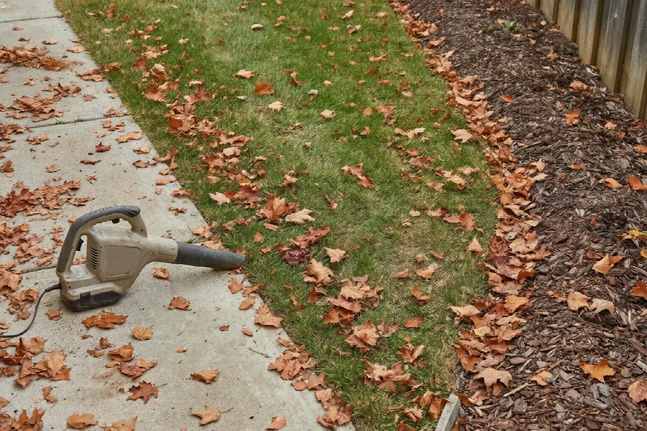 Autumn yard with dry leaves on a walk, turf, and a mulched bed beside a blower
