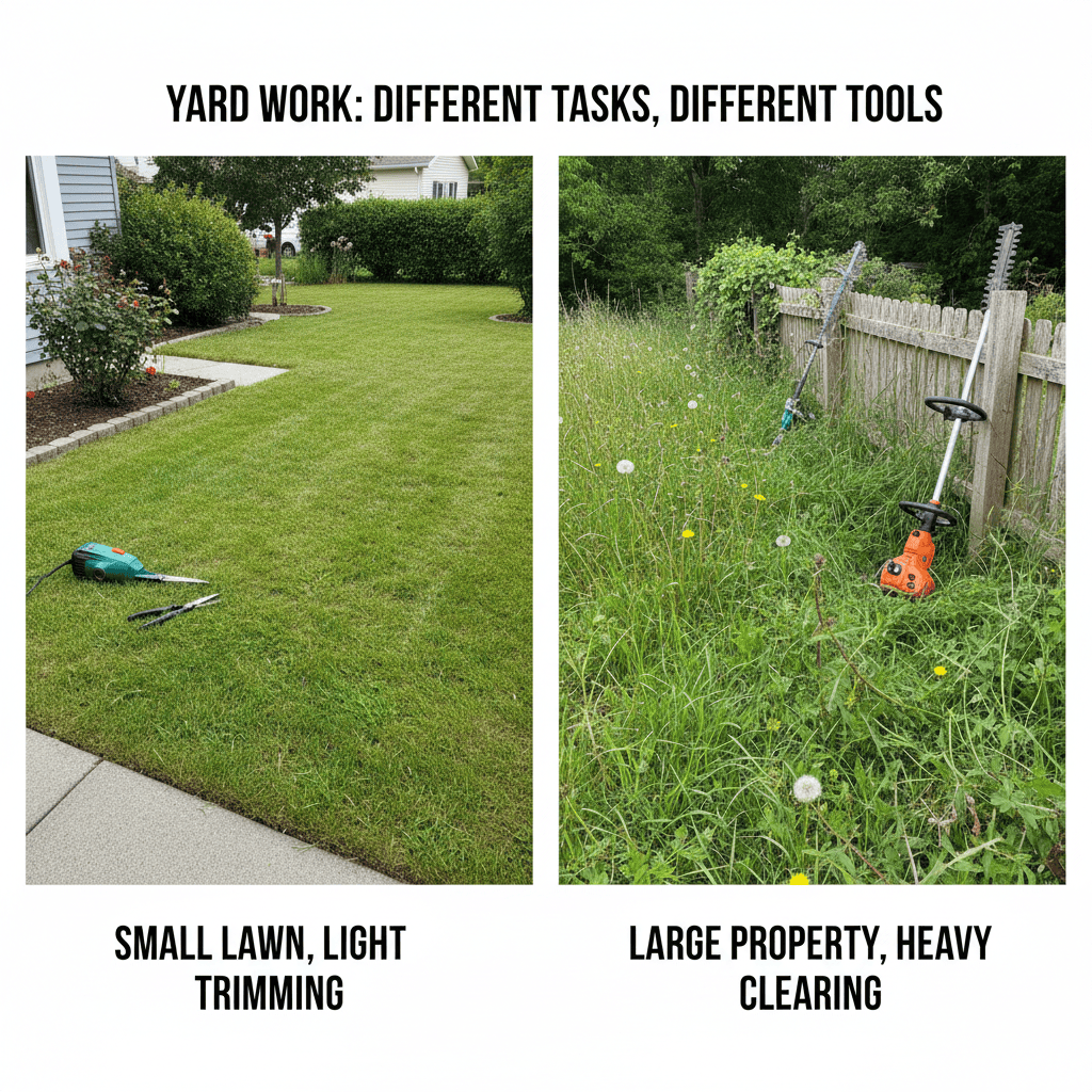 A visual comparison of a small manicured lawn versus a large, overgrown property, illustrating different trimming needs.