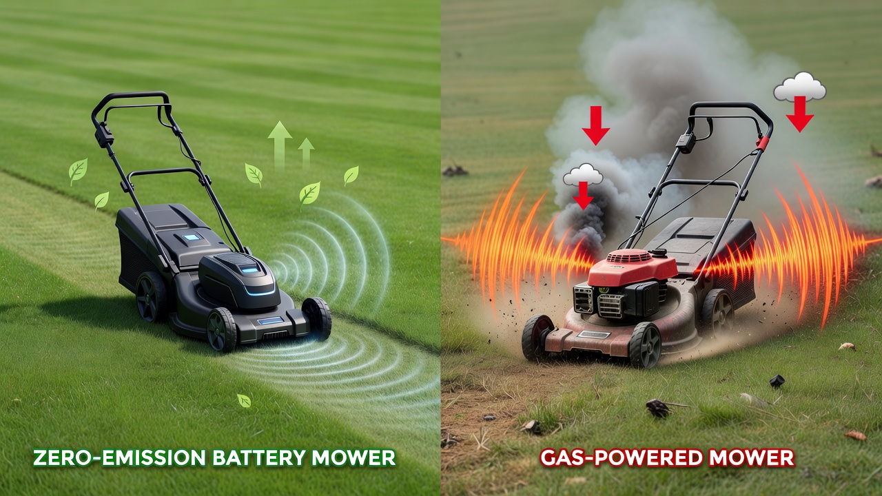 Comparison of battery-powered mower benefits versus gas-powered mower emissions and noise
