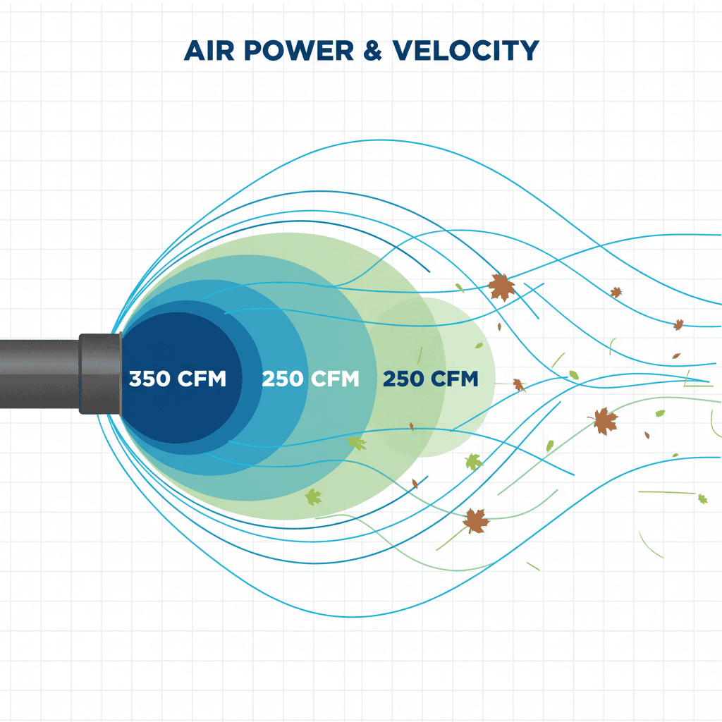 Diagram illustrating CFM (cubic feet per minute) and air velocity with concentric waves showing debris movement