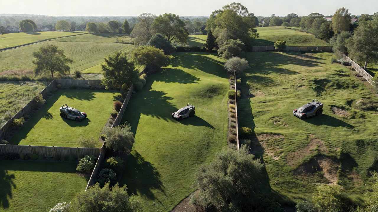 Three residential yards of increasing size shown from above, each with an appropriately scaled battery mower, illustrating small, medium, and large property types.