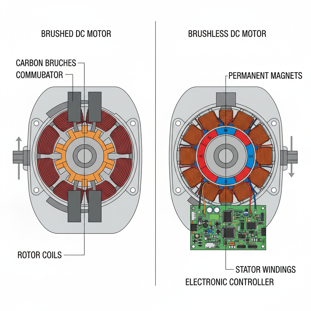 Internal motor comparison diagram showing brushed motor with carbon brushes and commutator on the left, and brushless motor with permanent magnets and electronic controller on the right