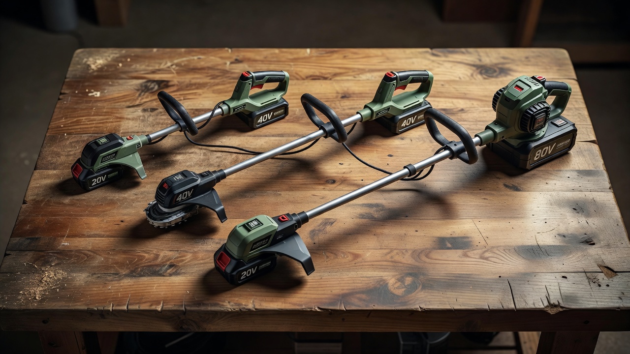 Three battery-powered string trimmers of different voltage classes displayed on a workbench