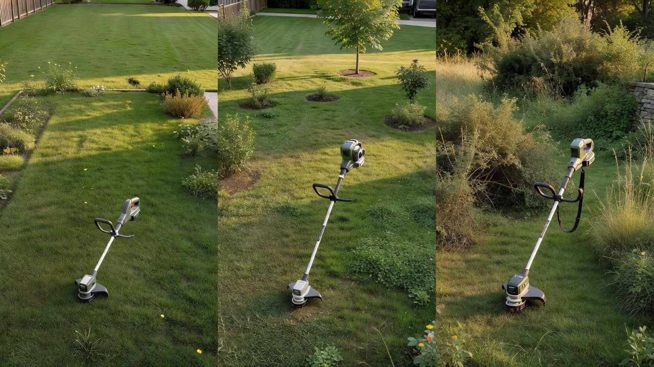 Three residential yards of increasing size, each with a appropriately-scaled cordless trimmer displayed in proportion to the property.