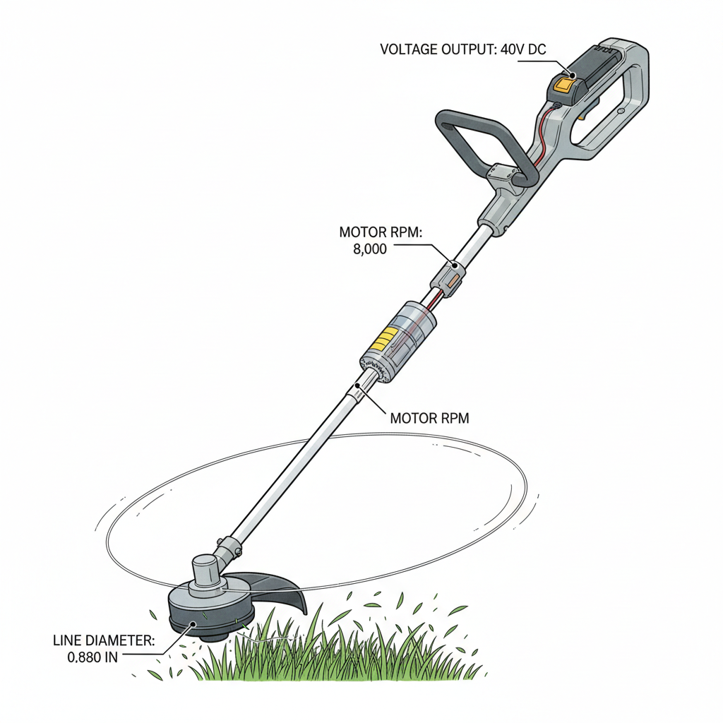 What Is the Best Battery Weed Eater? (Key Factors & Buyer Guide) Internal mechanical diagram of a cordless string trimmer showing battery, brushless motor, and cutting head components
