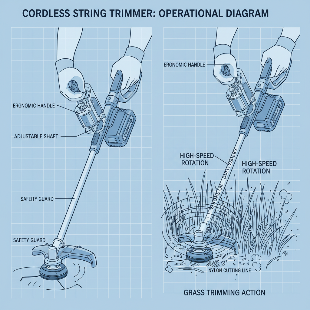 Cordless string trimmer with spinning head and battery pack diagram