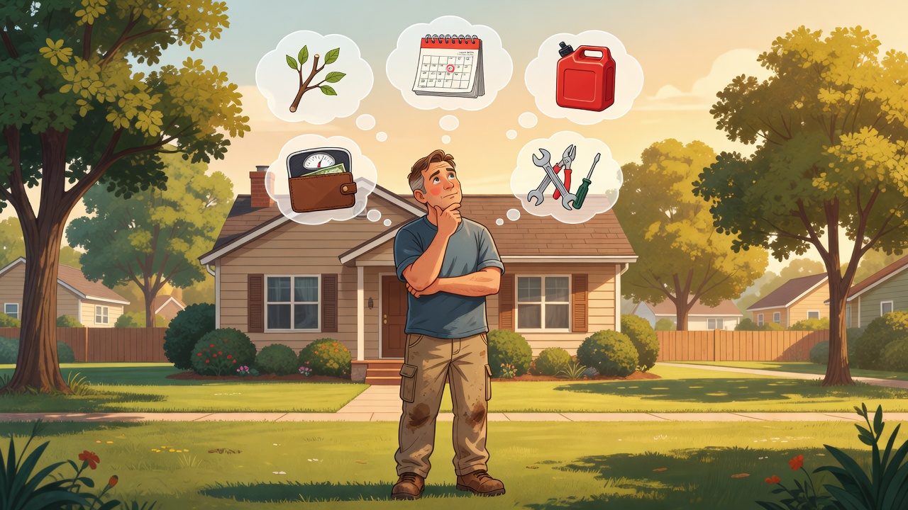 Understanding Your Chainsaw Needs Before You Buy Homeowner contemplating five key decision factors shown as icons in thought bubbles