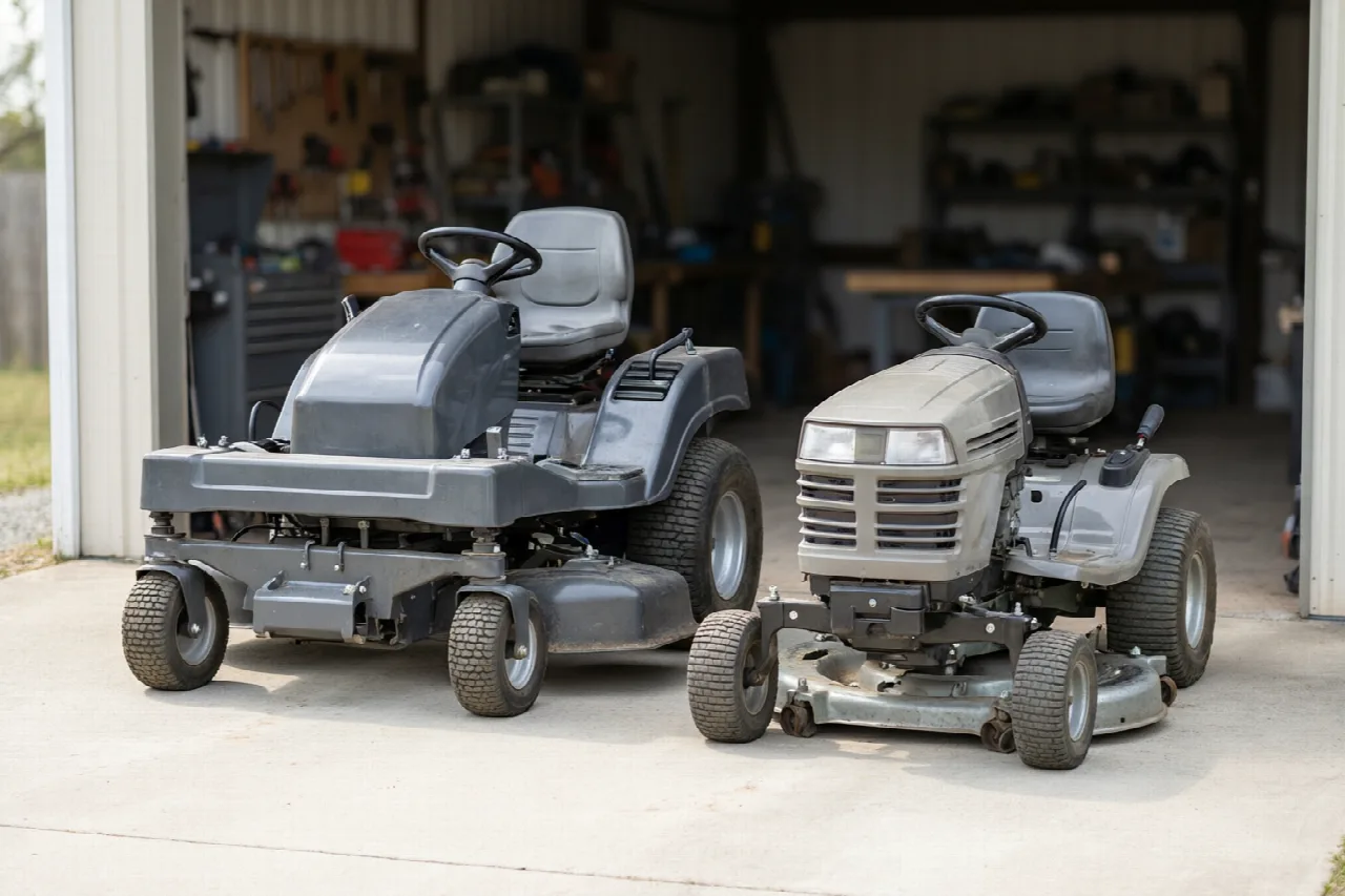 A heavy commercial zero-turn parked beside a lighter homeowner riding mower in a workshop.