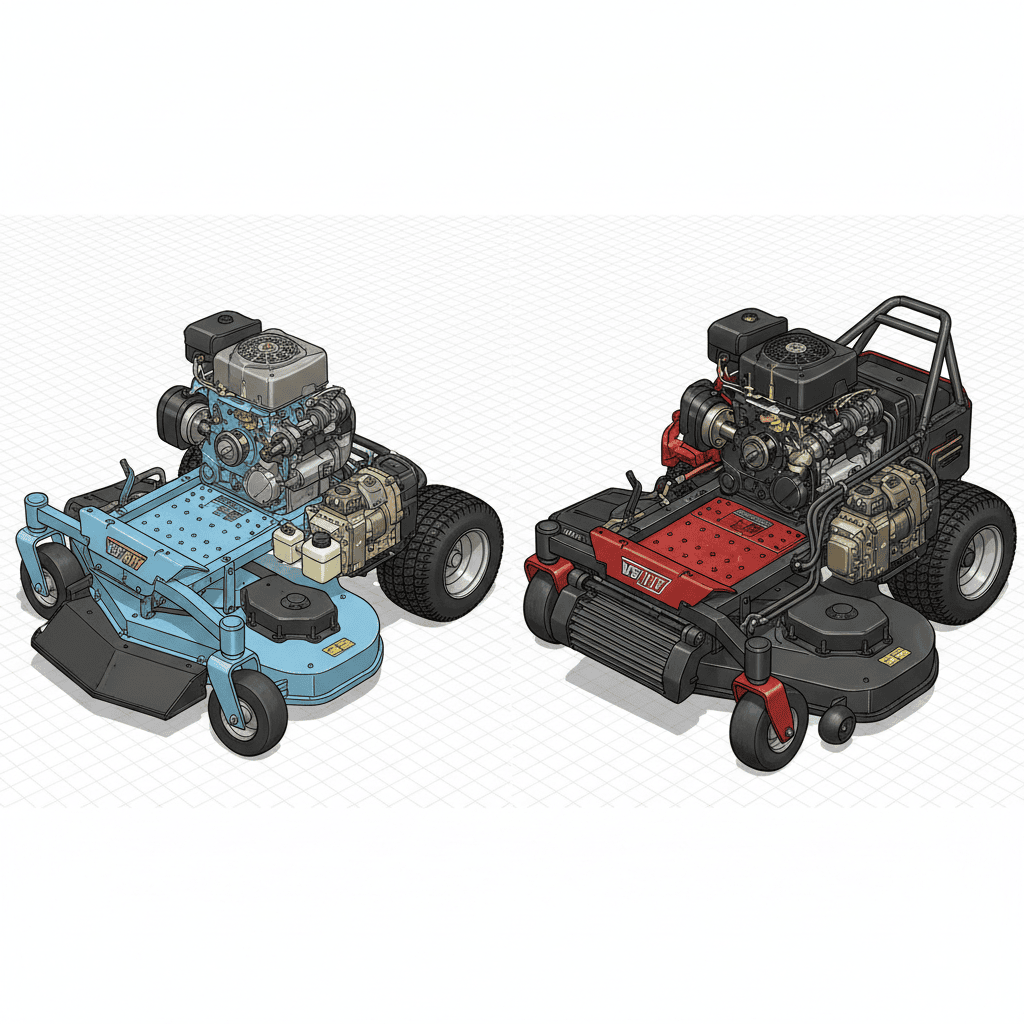 Cutaway comparison of residential versus commercial zero-turn mower construction showing reinforced frame, engine size, and transmission differences