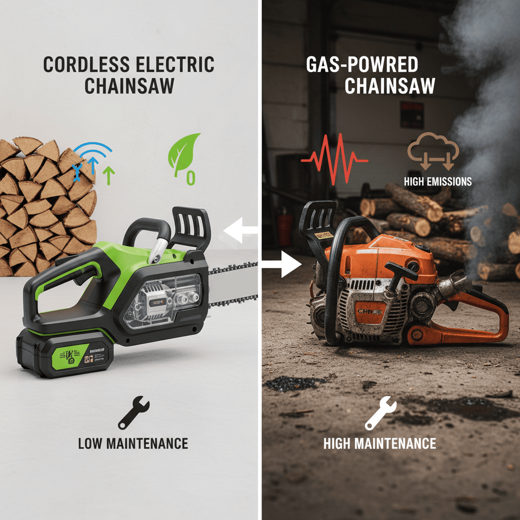 Side-by-side comparison of cordless versus gas-powered chainsaw technology and features
