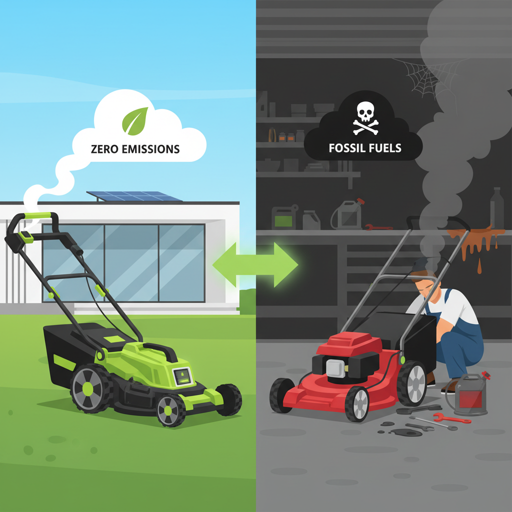 Side-by-side visual comparison of cordless versus gas lawn mower benefits