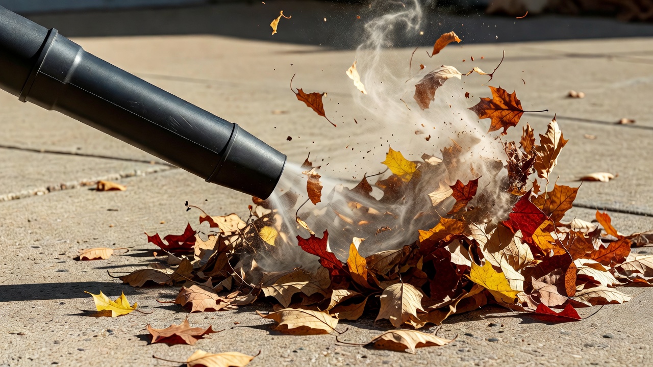 Close-up of a cordless leaf blower nozzle clearing dry leaves from a driveway.