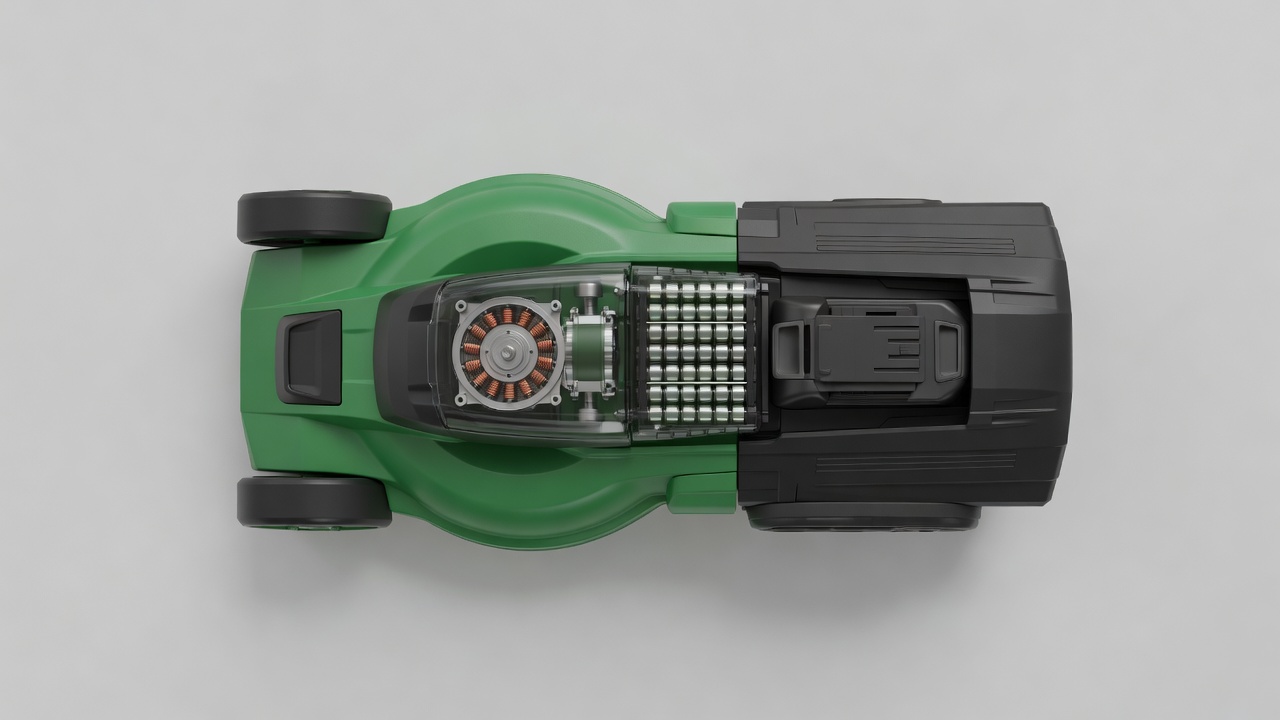 Cordless mower shown from above and side view, highlighting the motor, battery, and cutting deck.