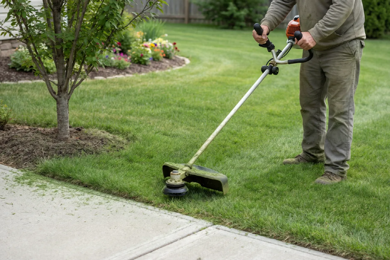 Person trimming grass along a walkway and around a tree