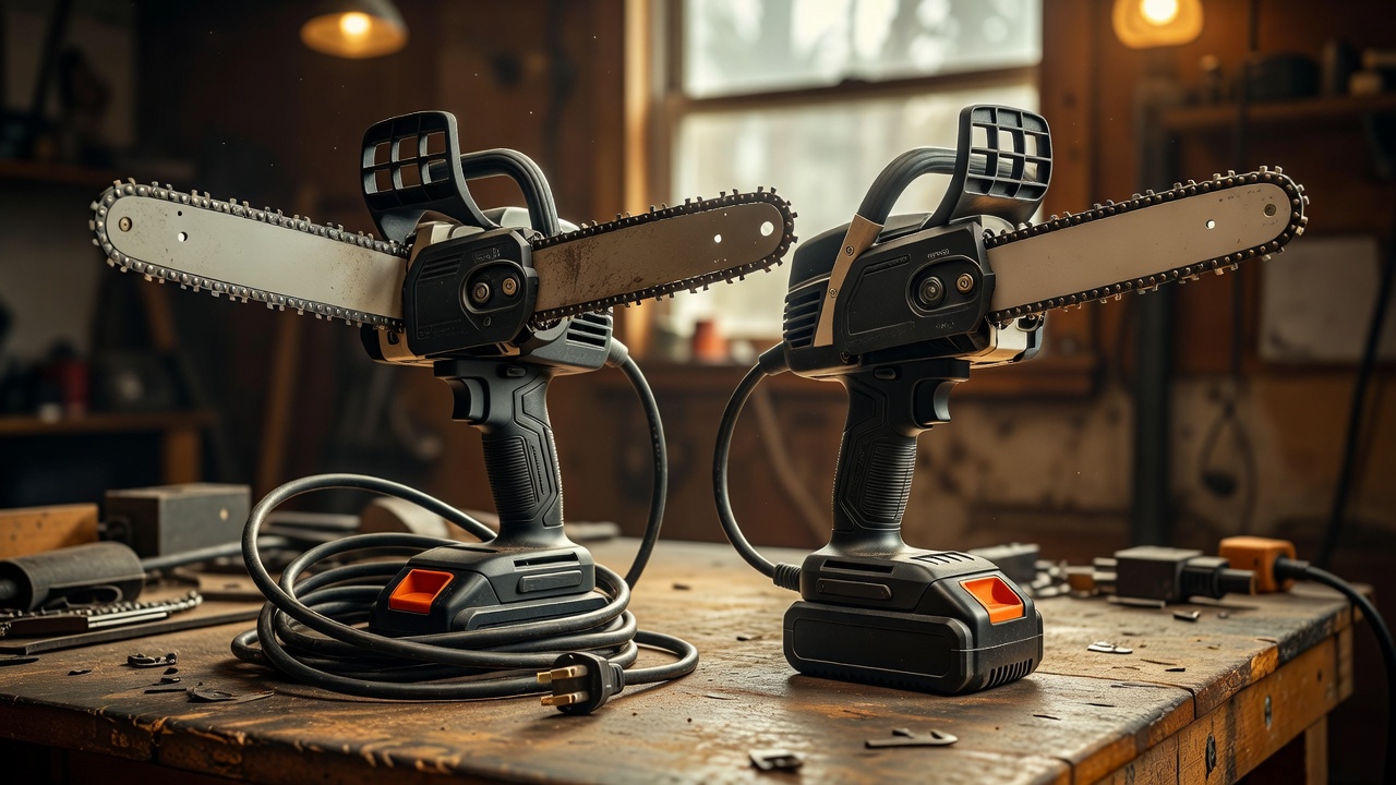 What Is the Best Electric Chain Saw? A Guide to Choosing the Right One Corded and battery-powered electric chain saws side by side on a workbench.