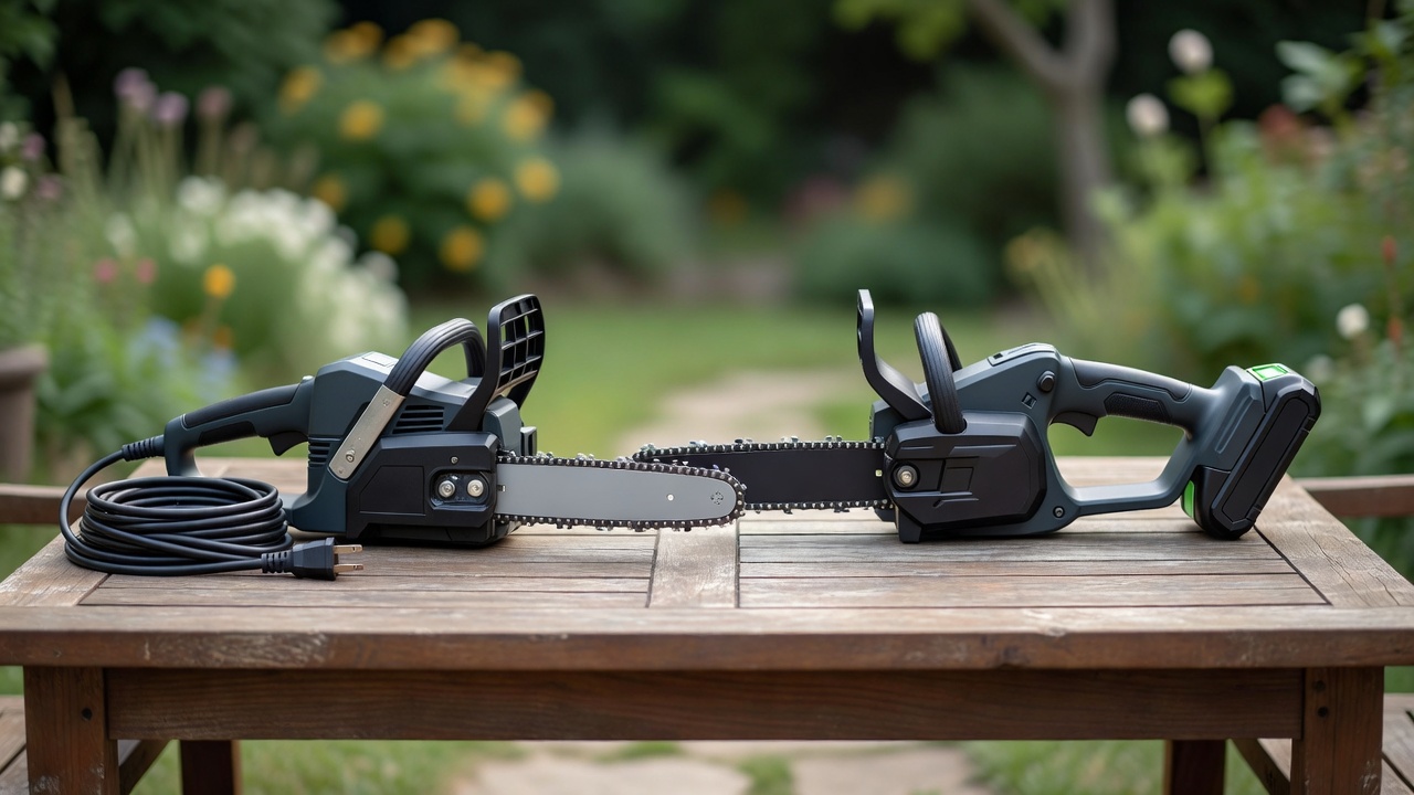 A corded and a battery-powered electric chainsaw placed side-by-side on a patio table.