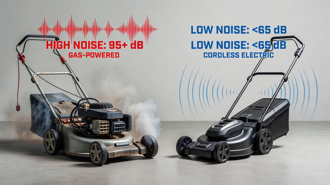Side-by-side comparison of gas mower versus electric mower showing emissions, noise, and mechanical complexity differences
