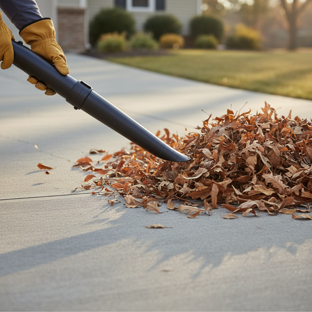 A blower nozzle sends a wide low stream that rolls dry leaves across a driveway.