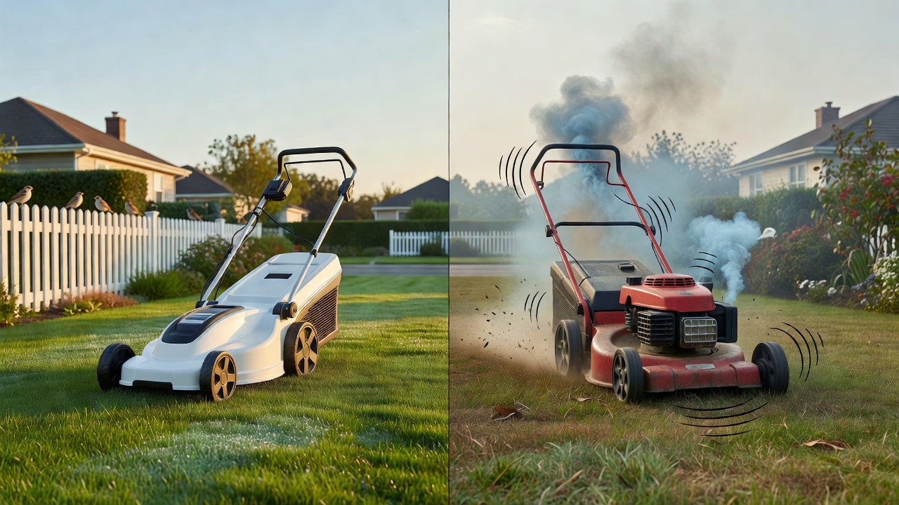 Comparison of electric mower benefits versus gas mower drawbacks in a residential setting