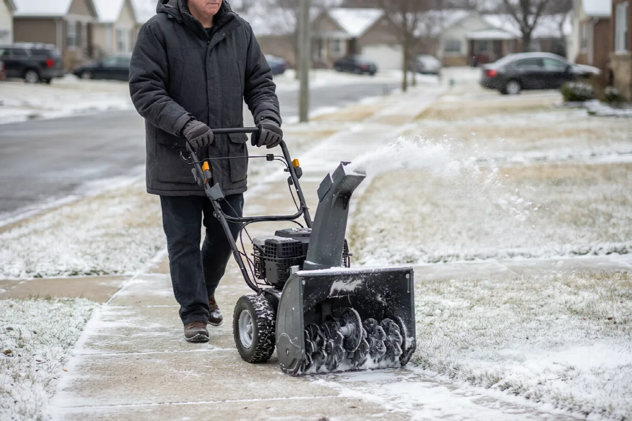 A person clears a paved sidewalk with a compact electric snow thrower after light snow.