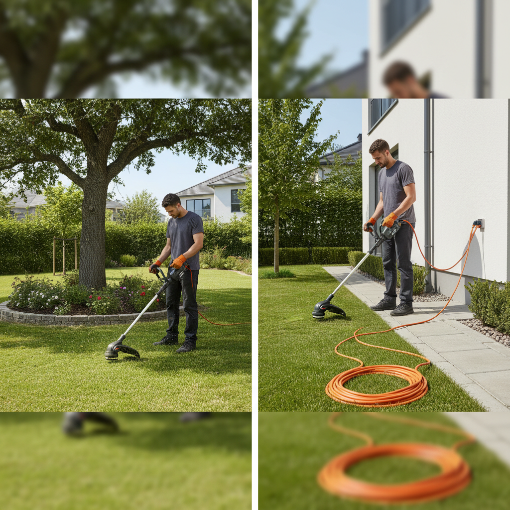 Side-by-side comparison of cordless and corded electric weed eaters in residential yards