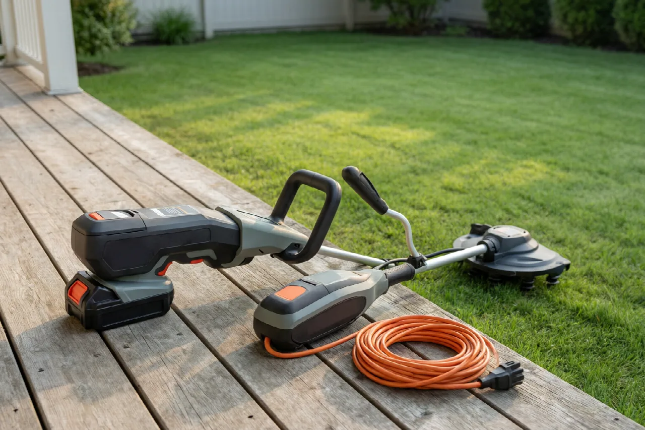 Cordless and corded electric string trimmers resting on a backyard porch