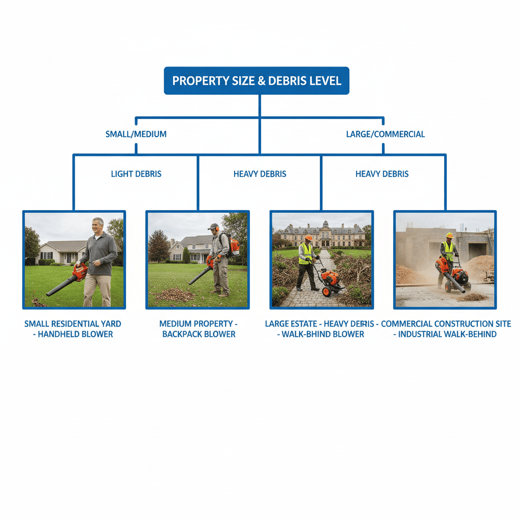 What Is the Best Gas Blower? (Complete Buyer's Guide by Type and Use Case) Four residential and commercial scenarios showing appropriately-sized gas blower types for different yard sizes and use frequencies