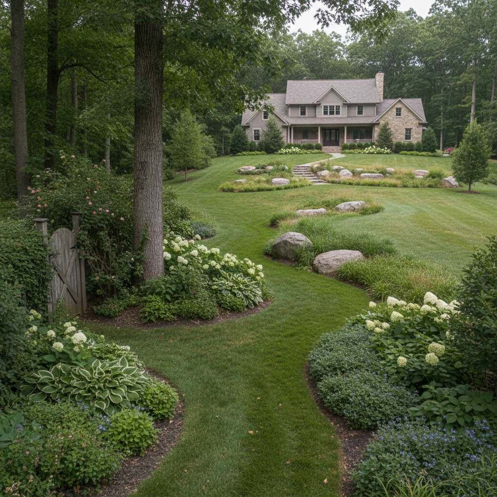 What Is the Best Gas Lawn Mower? A residential yard with a tight side path, trees, and a wider open lawn beyond.