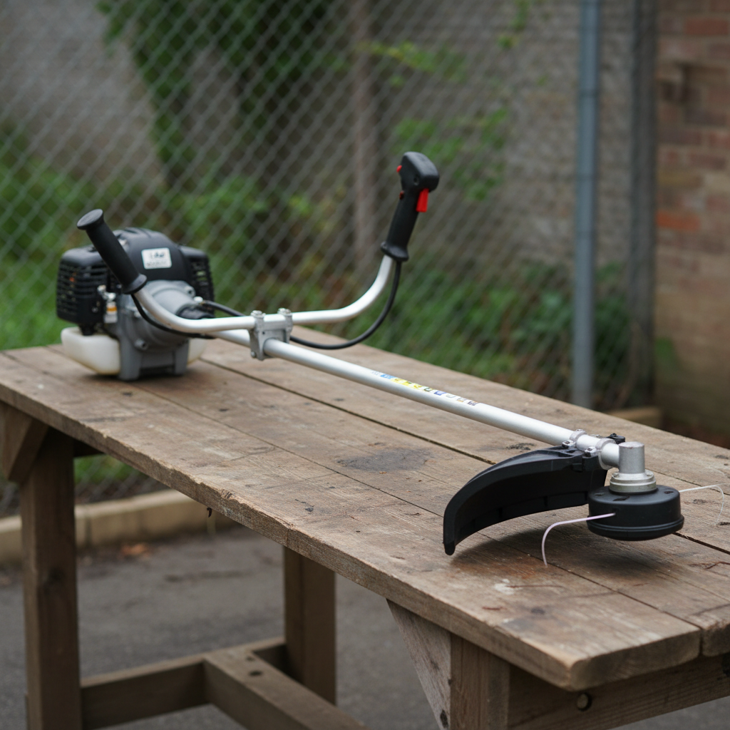 Unbranded gas string trimmer on a workbench showing engine, shaft, and cutting head.