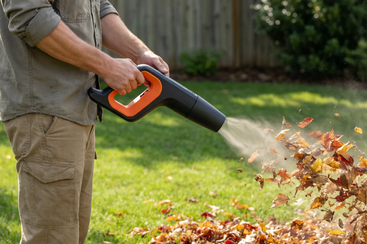 What Is the Best Handheld Leaf Blower? Handheld leaf blower in use, demonstrating airflow and debris movement.