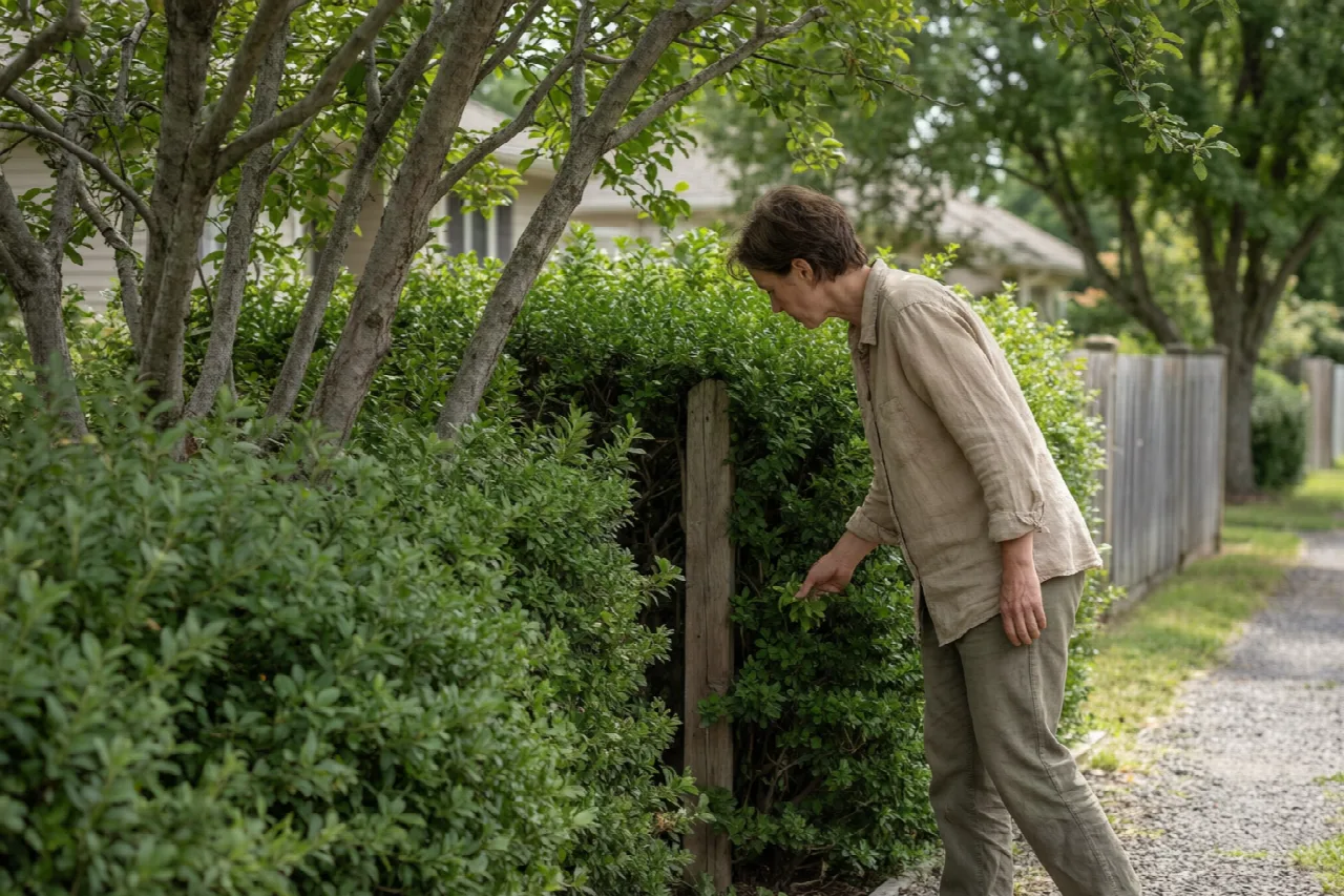 Person walking a garden hedge line to check height, thickness, and access