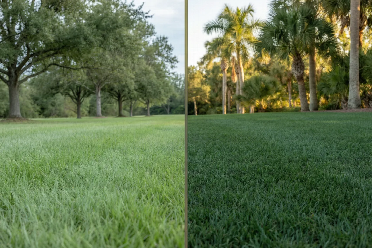 Comparison of cool-season and warm-season grass lawns side by side.
