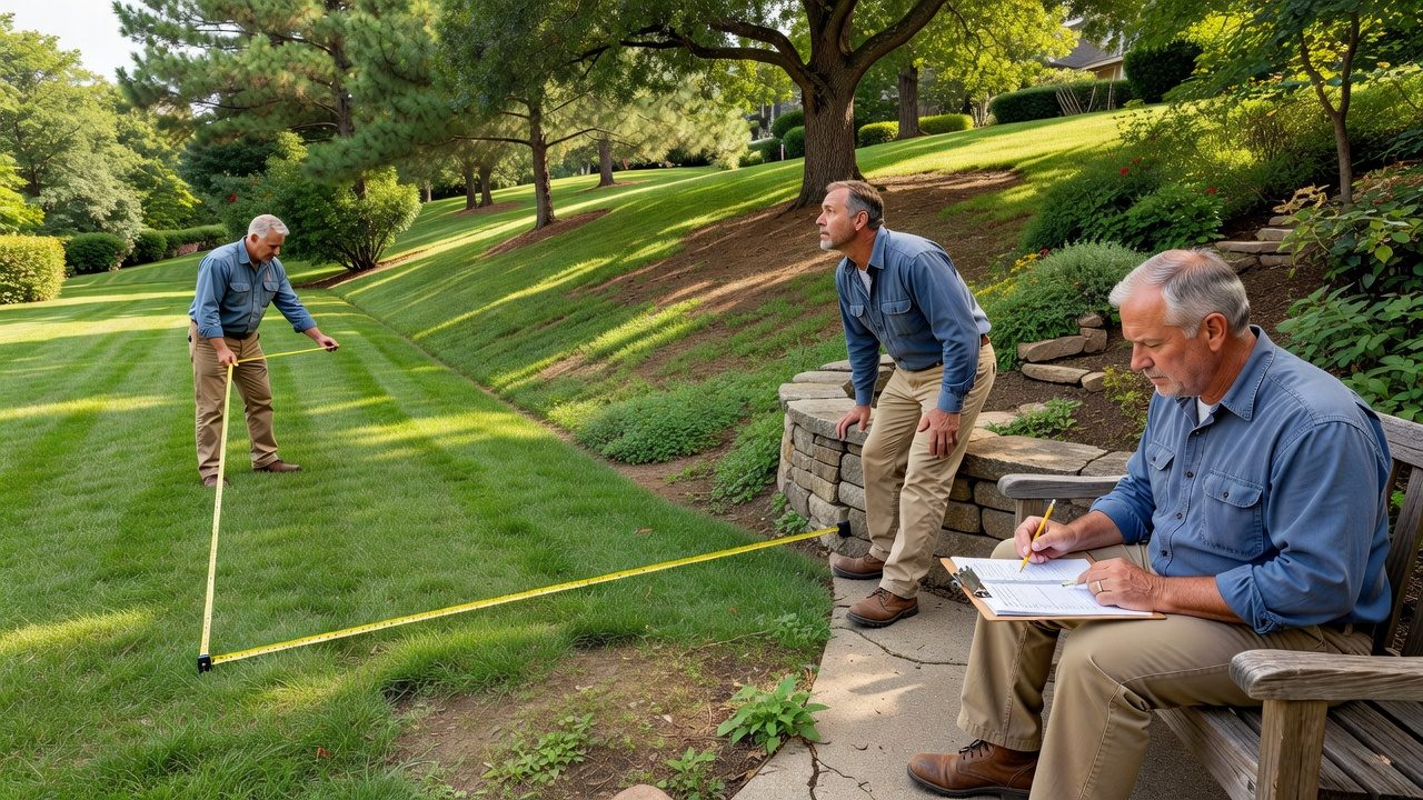Homeowner assessing lawn size, terrain, obstacles, and budget factors