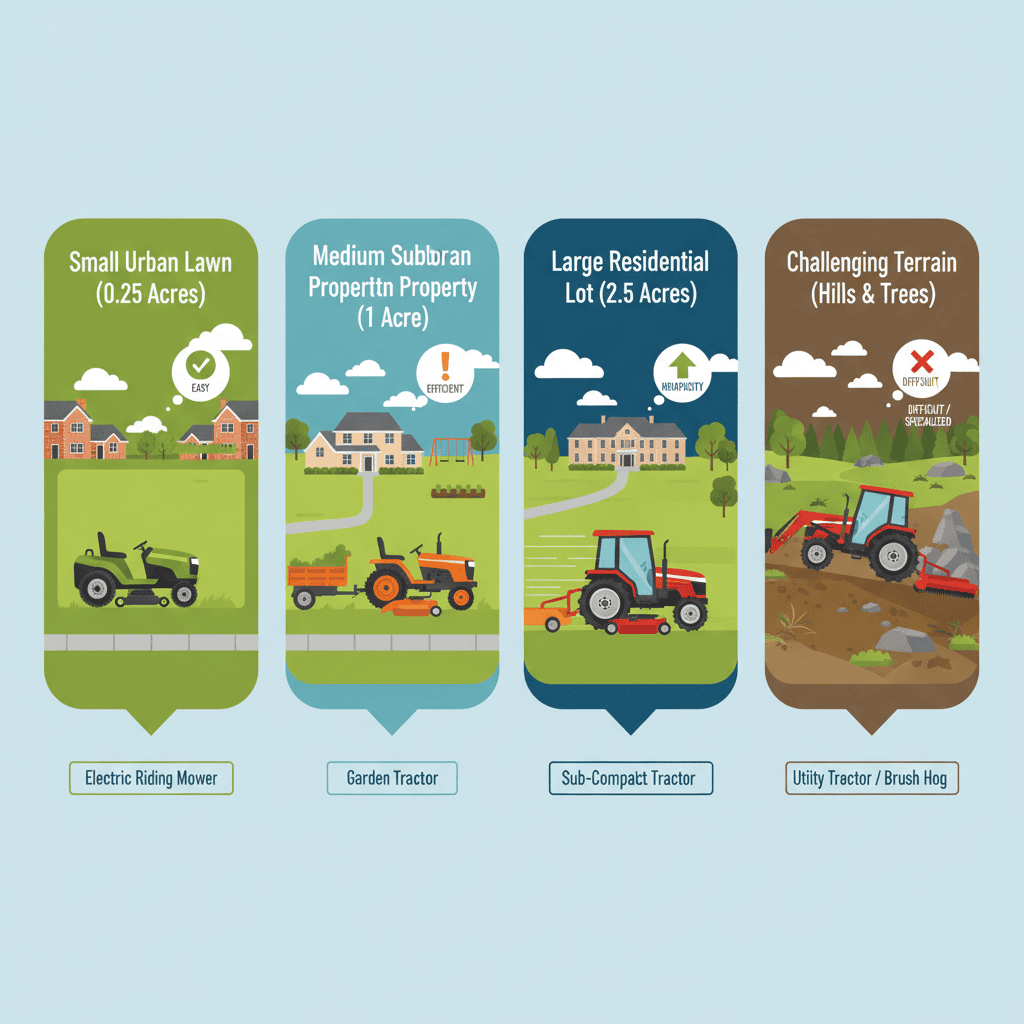 Four property size scenarios showing appropriate lawn tractor types for each