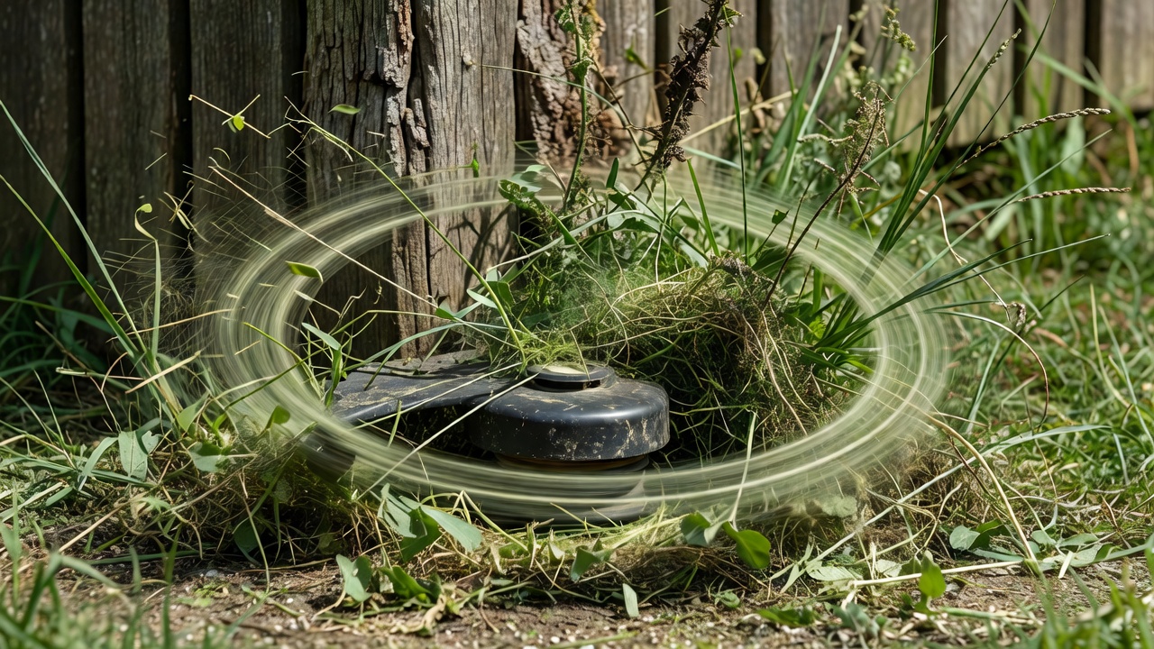 What Is the Best Lawn Trimmer? (Buyer Guide) Close-up of a string trimmer cutting weeds along a fence post