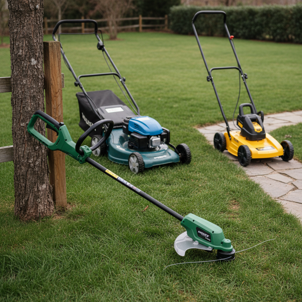 Line trimmer by a fence and tree, with a mower and edger nearby on the lawn.