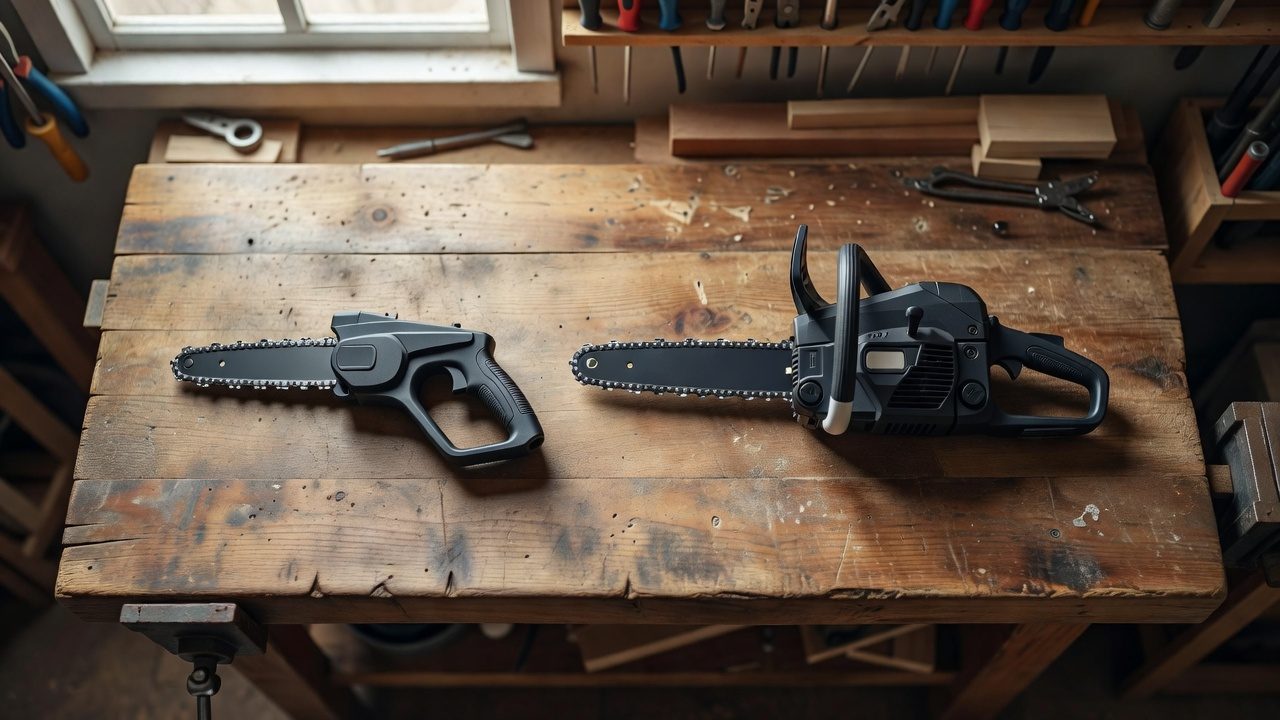 Two mini chainsaws of different sizes compared side by side on a workbench.
