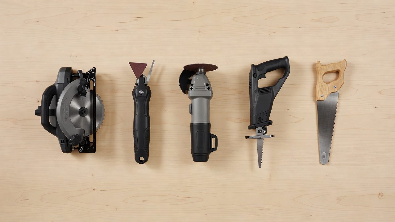 Five categories of mini saws arranged side by side on a wooden surface.