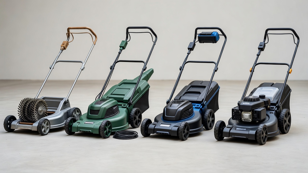 What Is the Best Push Lawn Mower? (Key Factors & Buyer Guide) Four types of push mowers displayed together for comparison: manual reel, corded electric, battery-powered, and gas