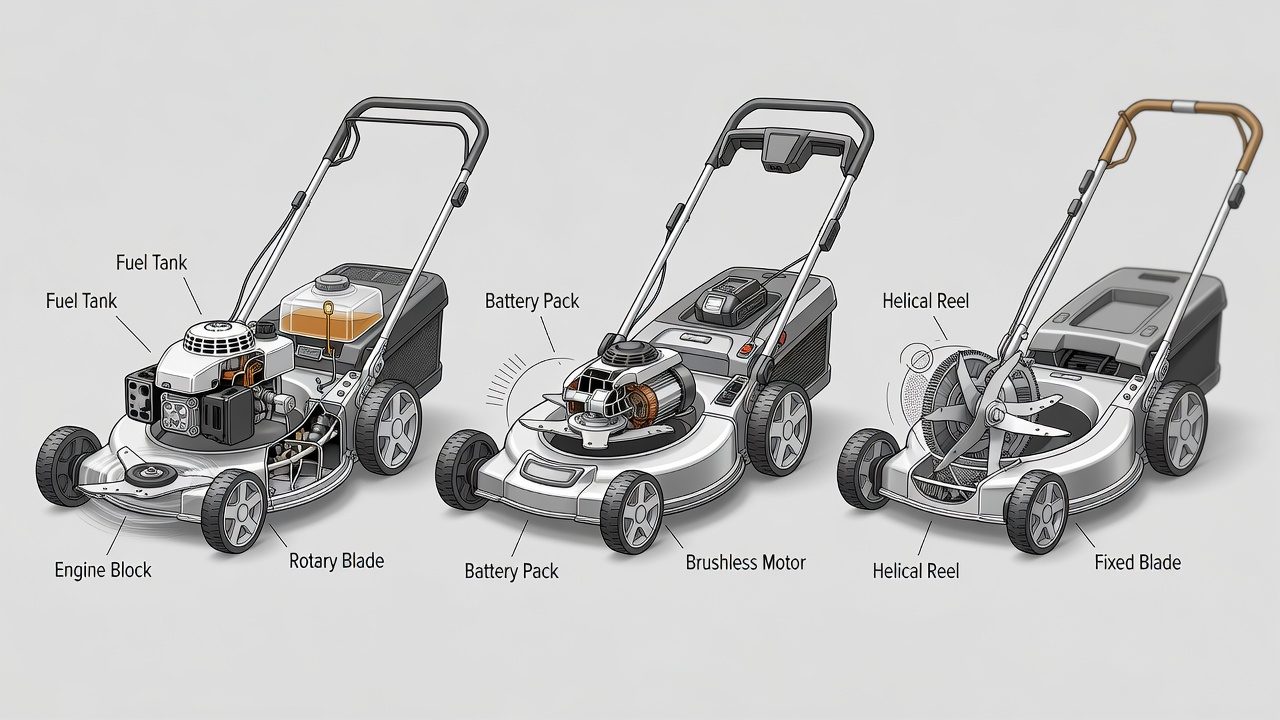 Cross-section diagrams of gas, electric, and manual reel mower mechanisms