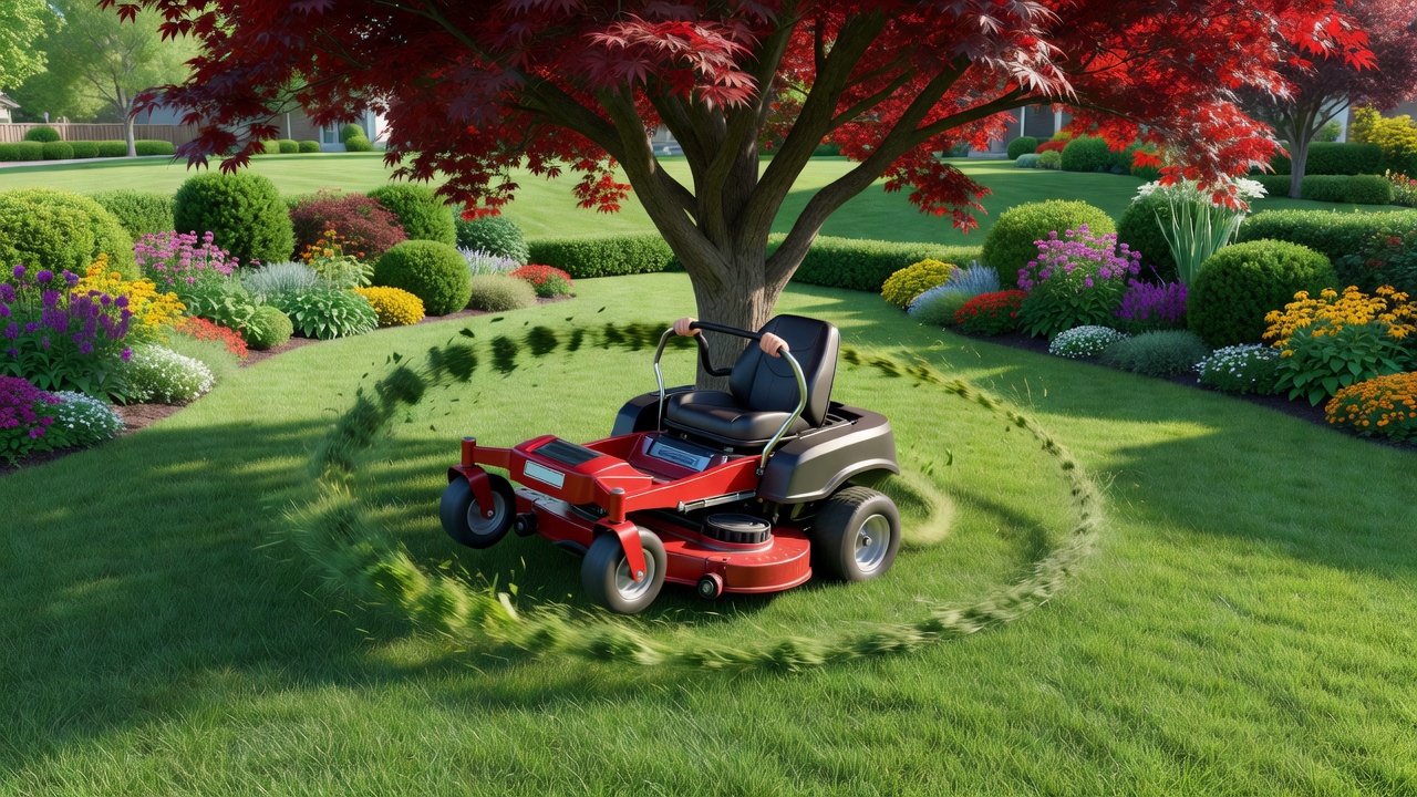 What Is the Best Residential Zero Turn Mower? (Factors to Consider & Buyer Guide) A zero turn mower making a tight turn around a tree in a landscaped residential yard.